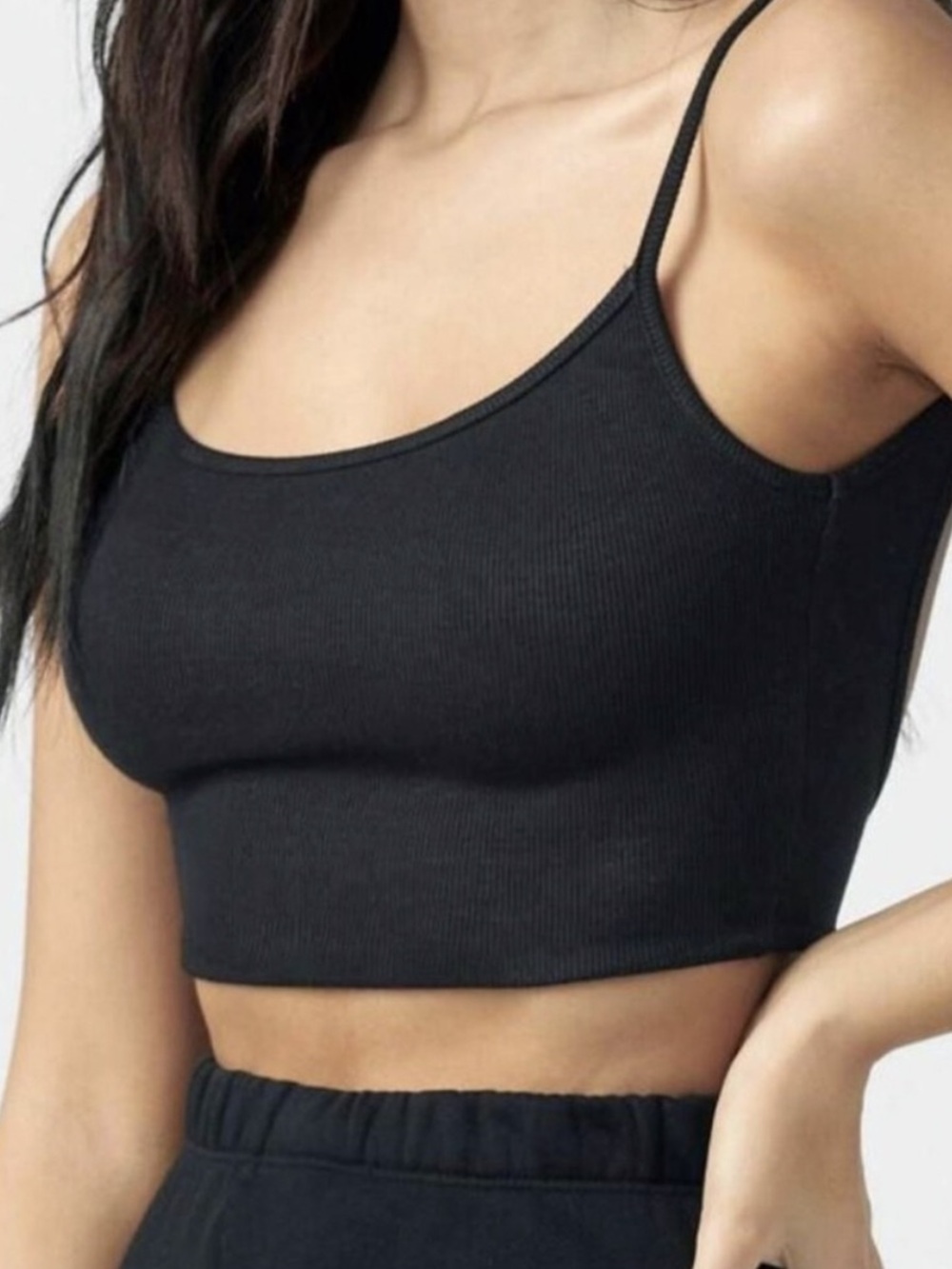 ♡ Joah Brown Low Back Crop Top Cami Tank in Black Flexrib